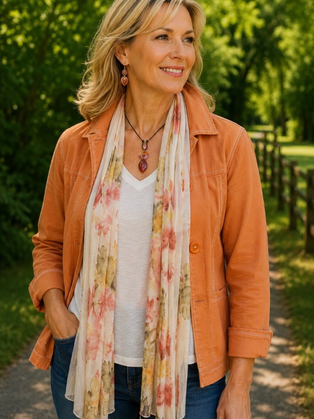 Peach Green Floral Flutter Scarf Lightweight Women Accessory
